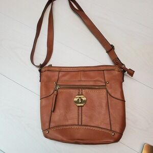 BOC Concepts Brown Faux Leather Crossbody Bag Turn Lock Pocket